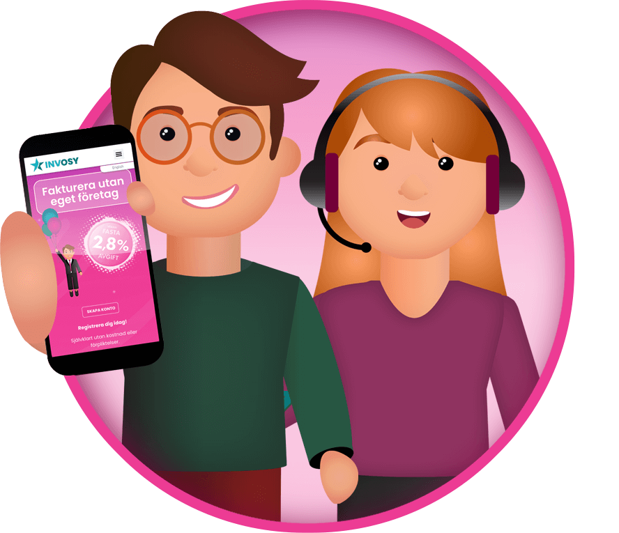 illustration - two smiling persons - one holding a cellphone displaying the Invosy website - one wearing a headset