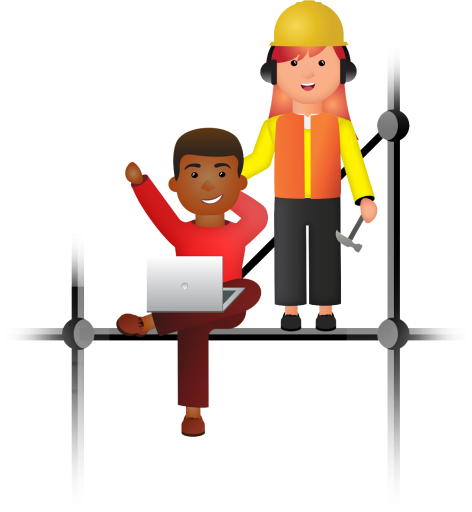 illustration - man with laptop + construction worker - both placed on a scaffold