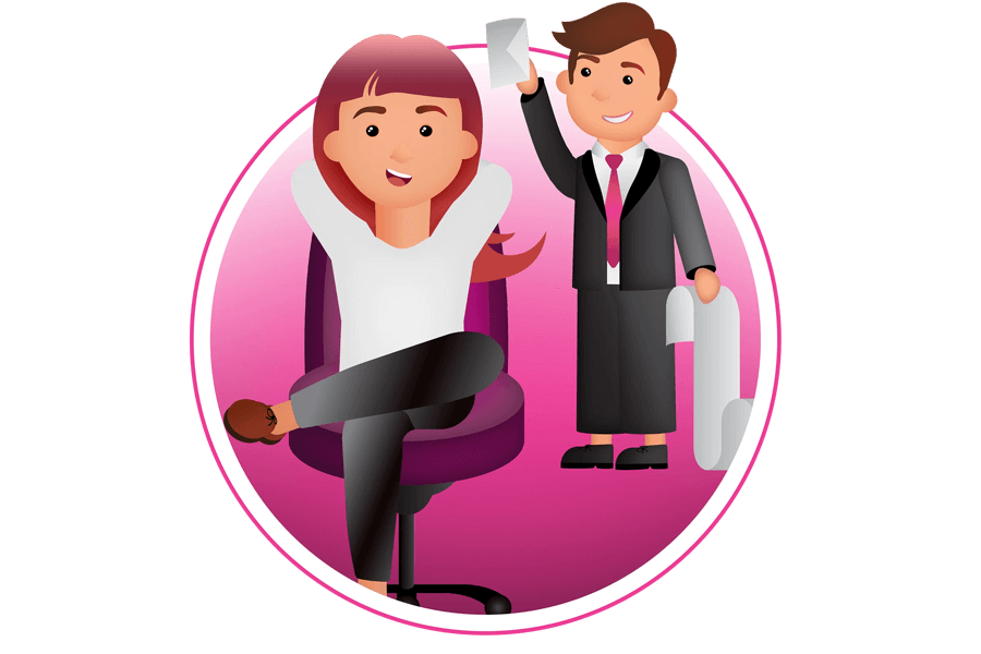 illustration - woman sitting relaxed in a chair and a man holding up papers