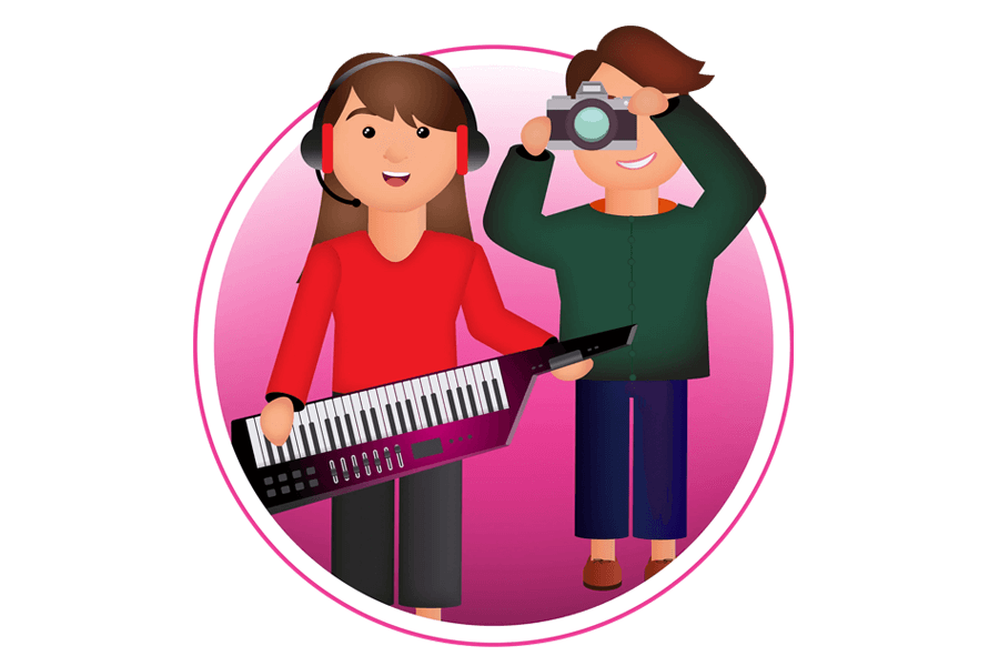 illustration - woman smiling and playing a keytar and a man smiling holding up a camera