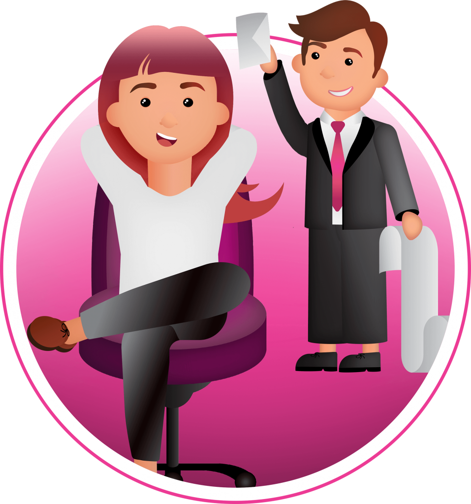 illustration - woman sitting relaxed in a chair and a man holding up papers