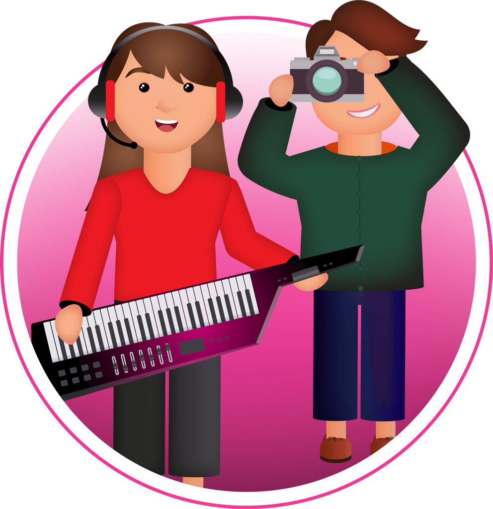 illustration - woman smiling and playing a keytar and a man smiling holding up a camera