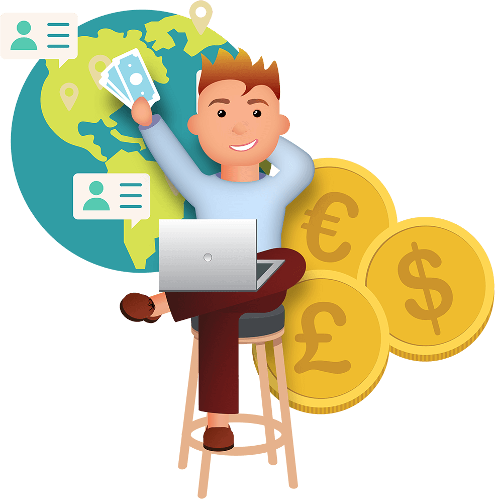 Illustration of a smiling man with laptop holding money-bills and a illustrations of a earthglobe and different currency coins in the background