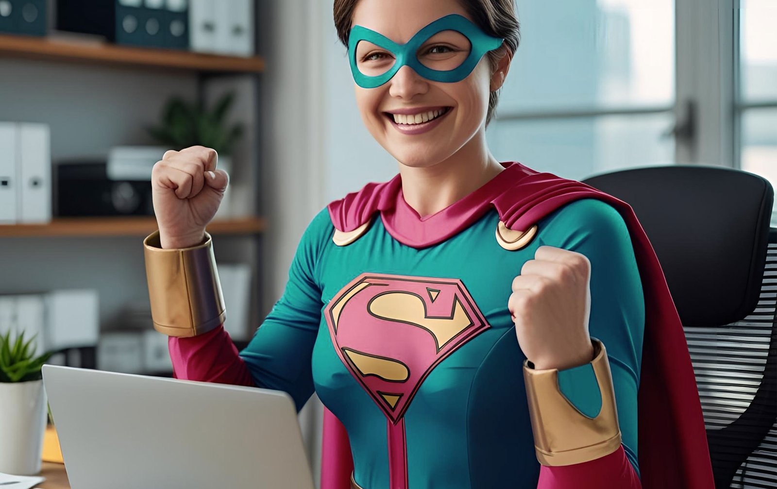 Woman in superhero outfit in front of laptop computer smiling with fists raised