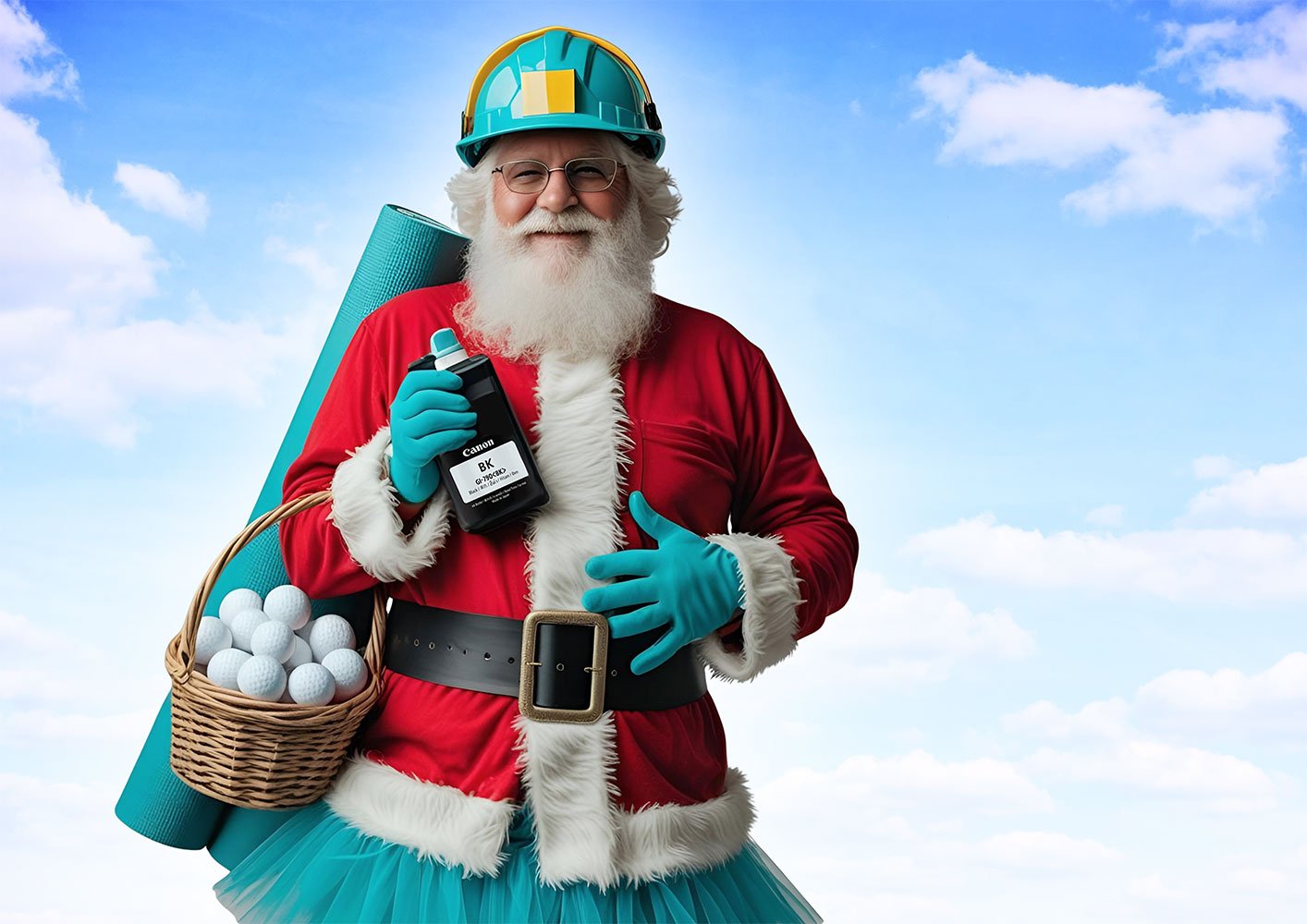 AI generated photo of at man in a santa claws costume wearing a ballet tutu and a construction worker hardhat holdin a basket full of golf balls and an ink bottle